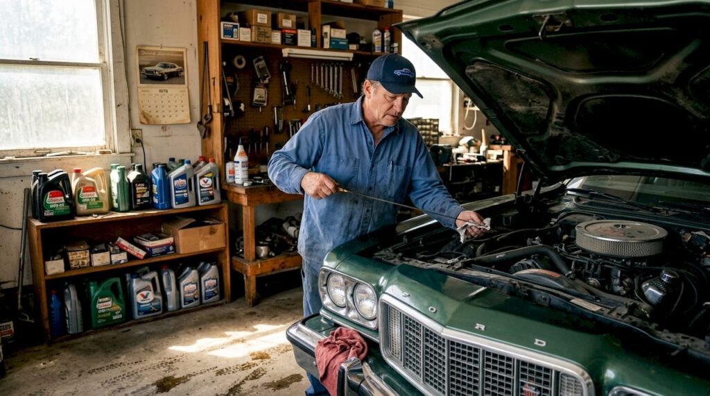 Classic car owner checks oil in home garage
