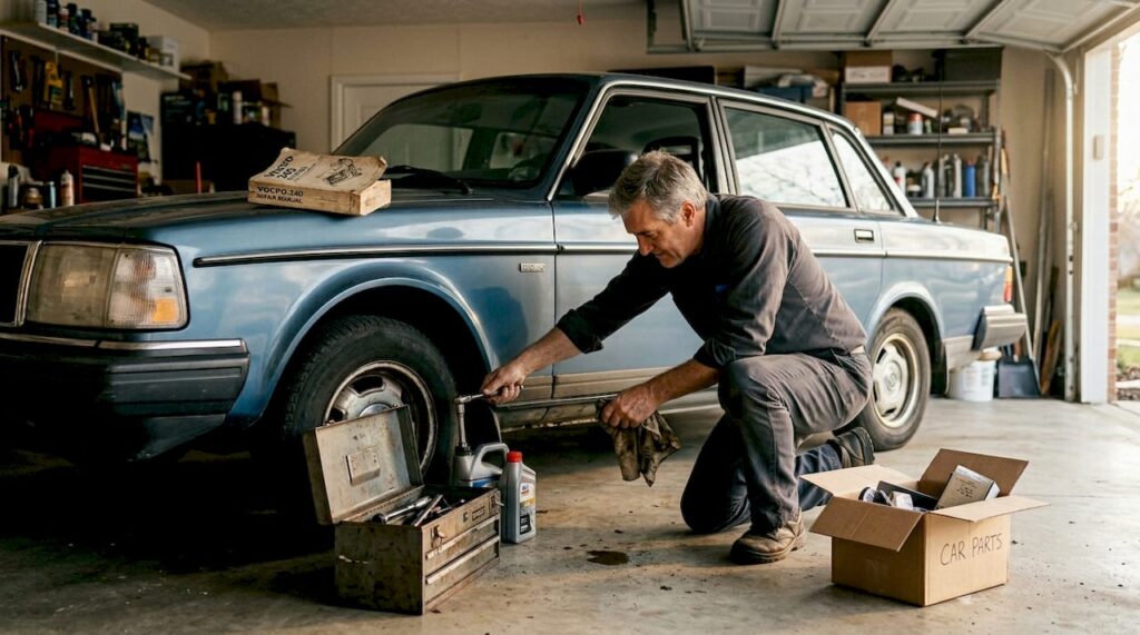 Person changing oil on 1980s car in garage