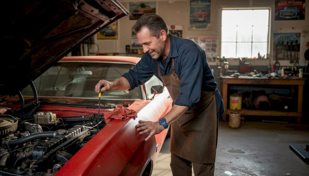 Mechanic checks oil in classic car engine