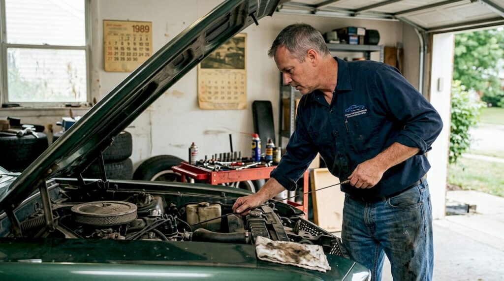 Owner checking oil in classic car engine