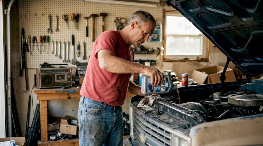 Man adding oil to 1980s Chevrolet engine