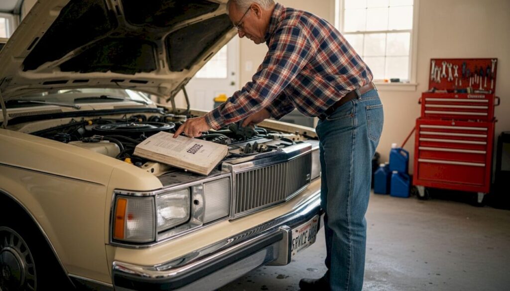Classic car engine inspection in home garage