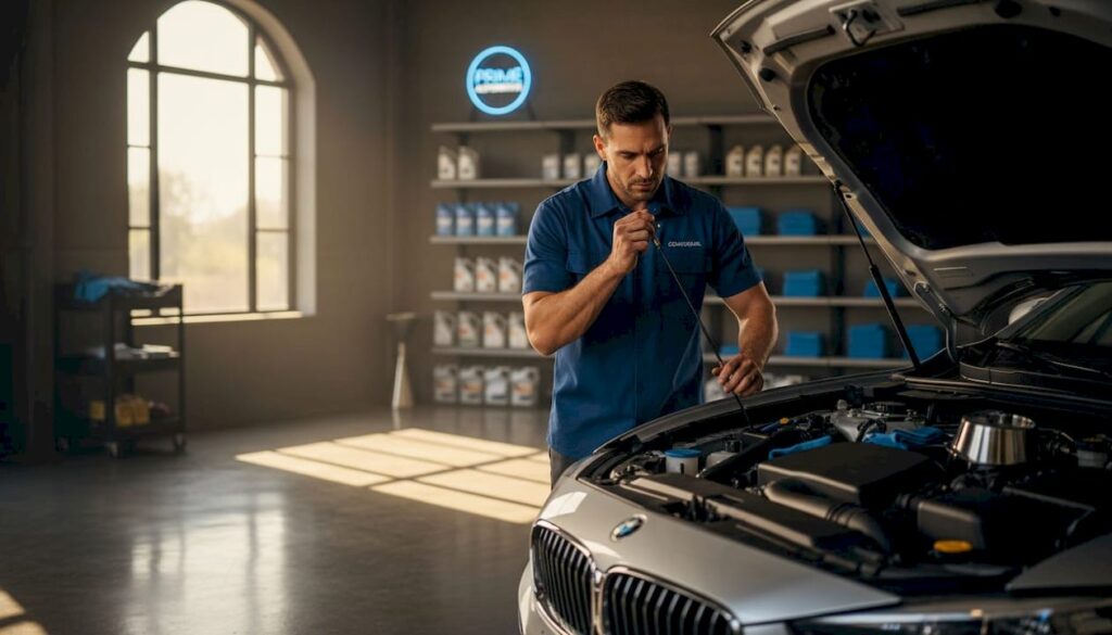 Mechanic checking engine oil in home garage